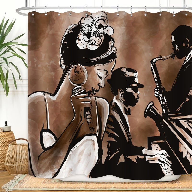 ZXMBF American Woman Jazz Shower Curtain African Black Girl Singing Jazzist Afrocentric Black Art Grunge Style Waterproof Fabric Bathroom Decor 72x72 Inch Brown Plastic Hooks 12 - Image 1